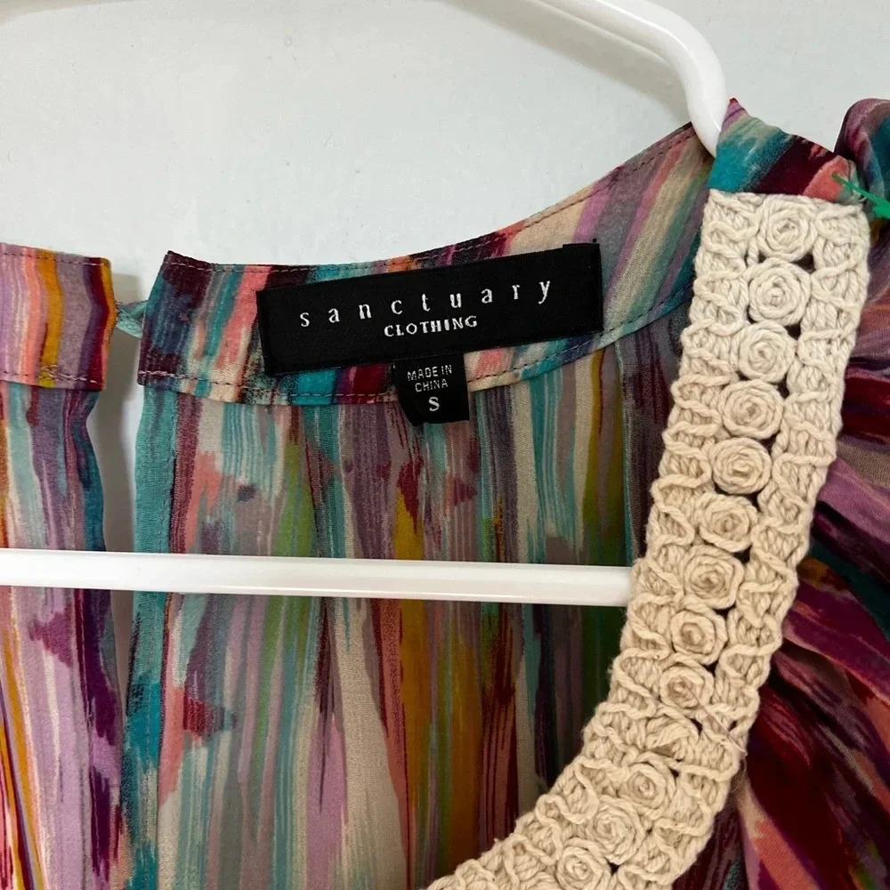 Sheer Flutter Sleeve Crochet Neckline Tie Dye Bohemian Sanctuary Blouse - Size S - Picture 2 of 4